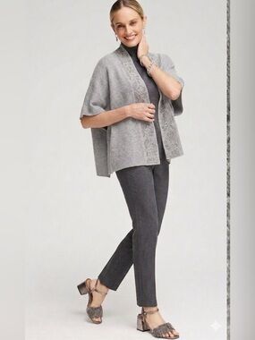 Chico's Light Gray Embellished Placket Open-Front Sweater